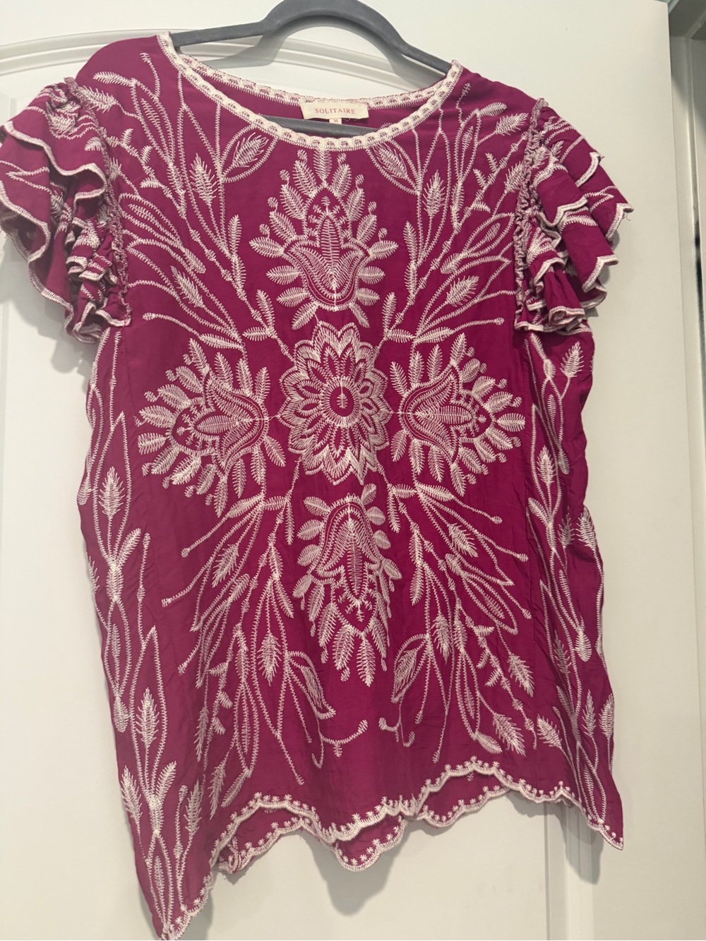 Solitaire Fuchsia Embroidered Ruffle-Sleeve Top
